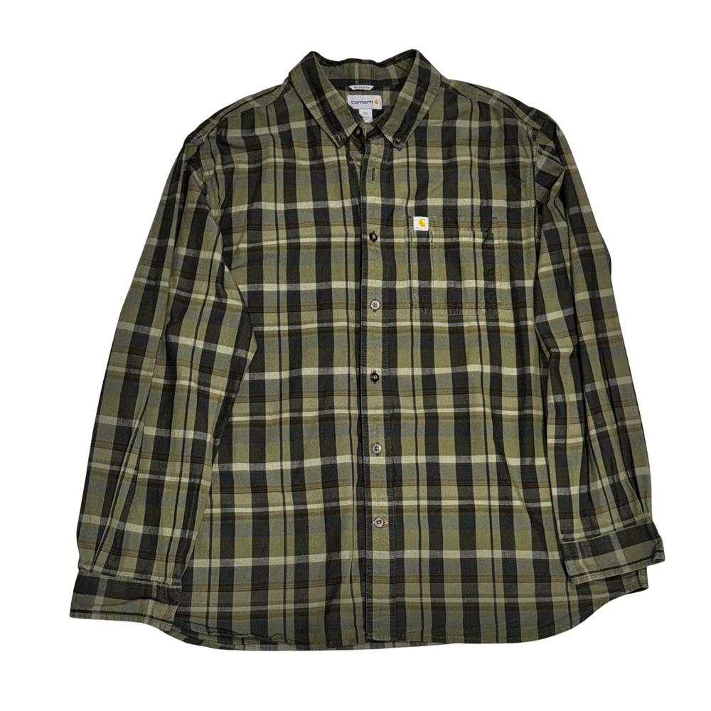Carhartt Relaxed Fit Plaid Long‎ Sleeve Button Up Shirt Men 2XL Khaki Green